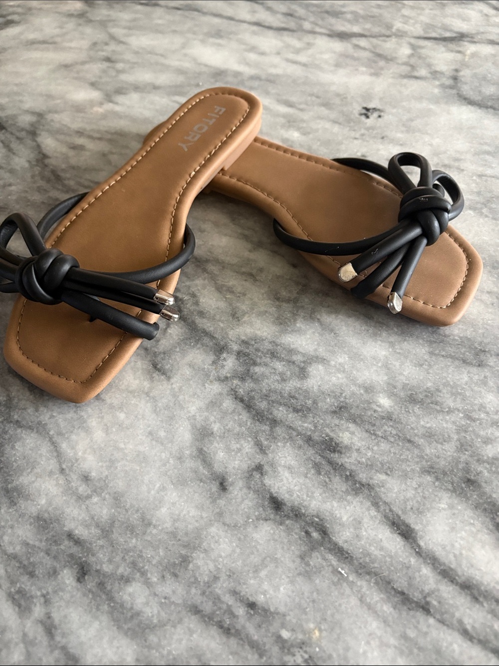 Faux-Leather Knot Slide Sandals in Black with Tan Footbed